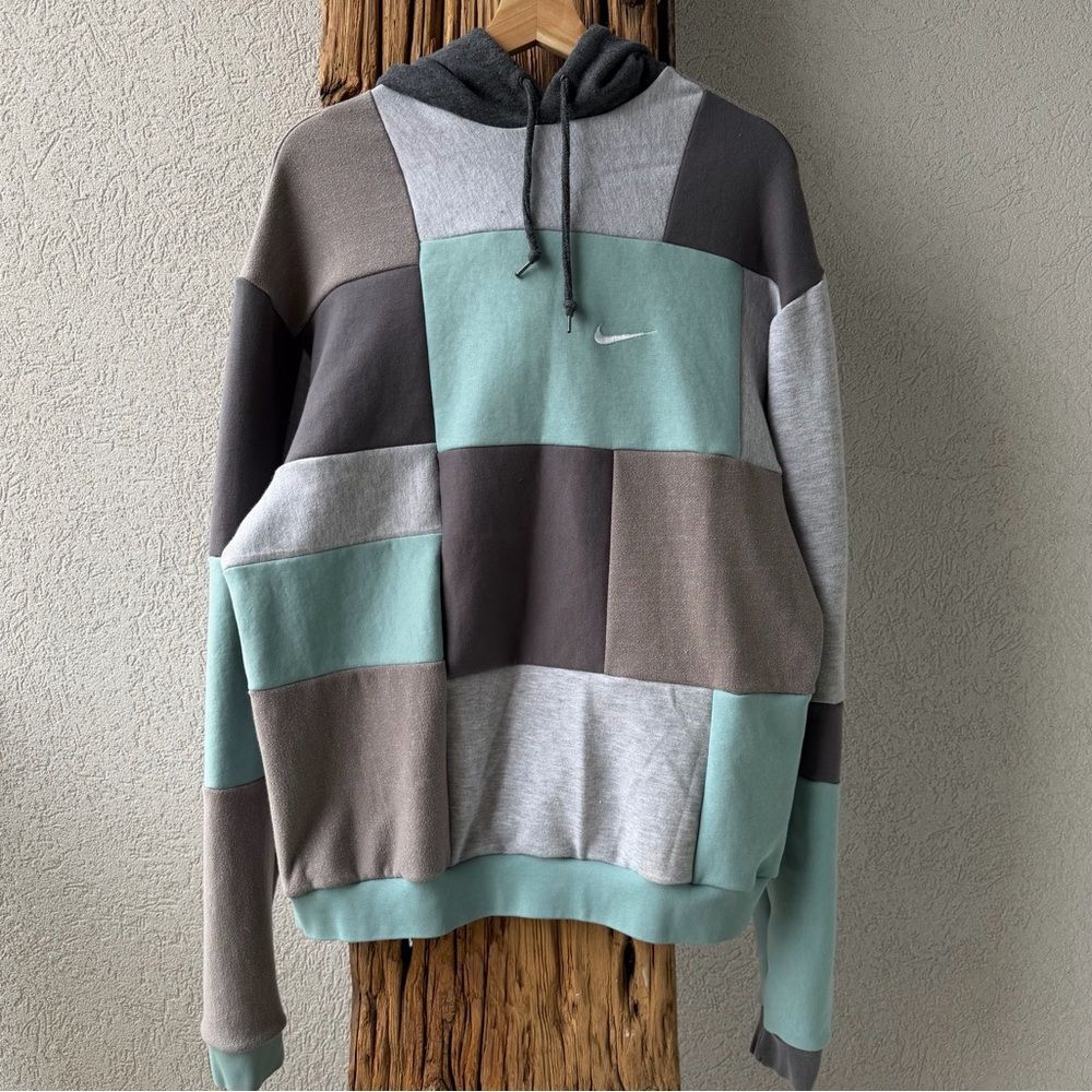 Upcycled Nike Patchwork Pullover Relaxed Casual Hoodie Teal,Brown,Gray, Sweater - Picture 2 of 3